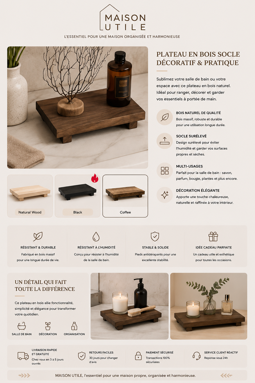 Plateau Décoratif en Bois Minimaliste | Support Élégant Salle de Bain & Maison
