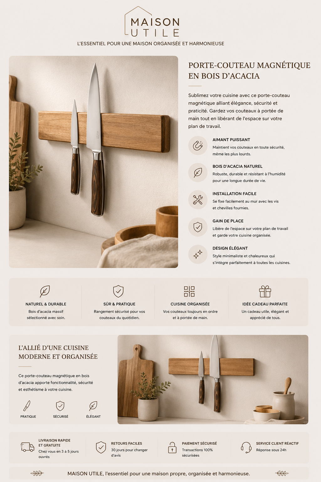 Support Magnétique à Couteaux en Bois d’Acacia | Rangement Cuisine Premium