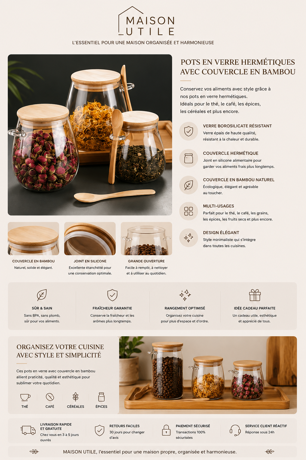Bocaux de Rangement en Verre & Bambou | Organisation Cuisine Aesthetic