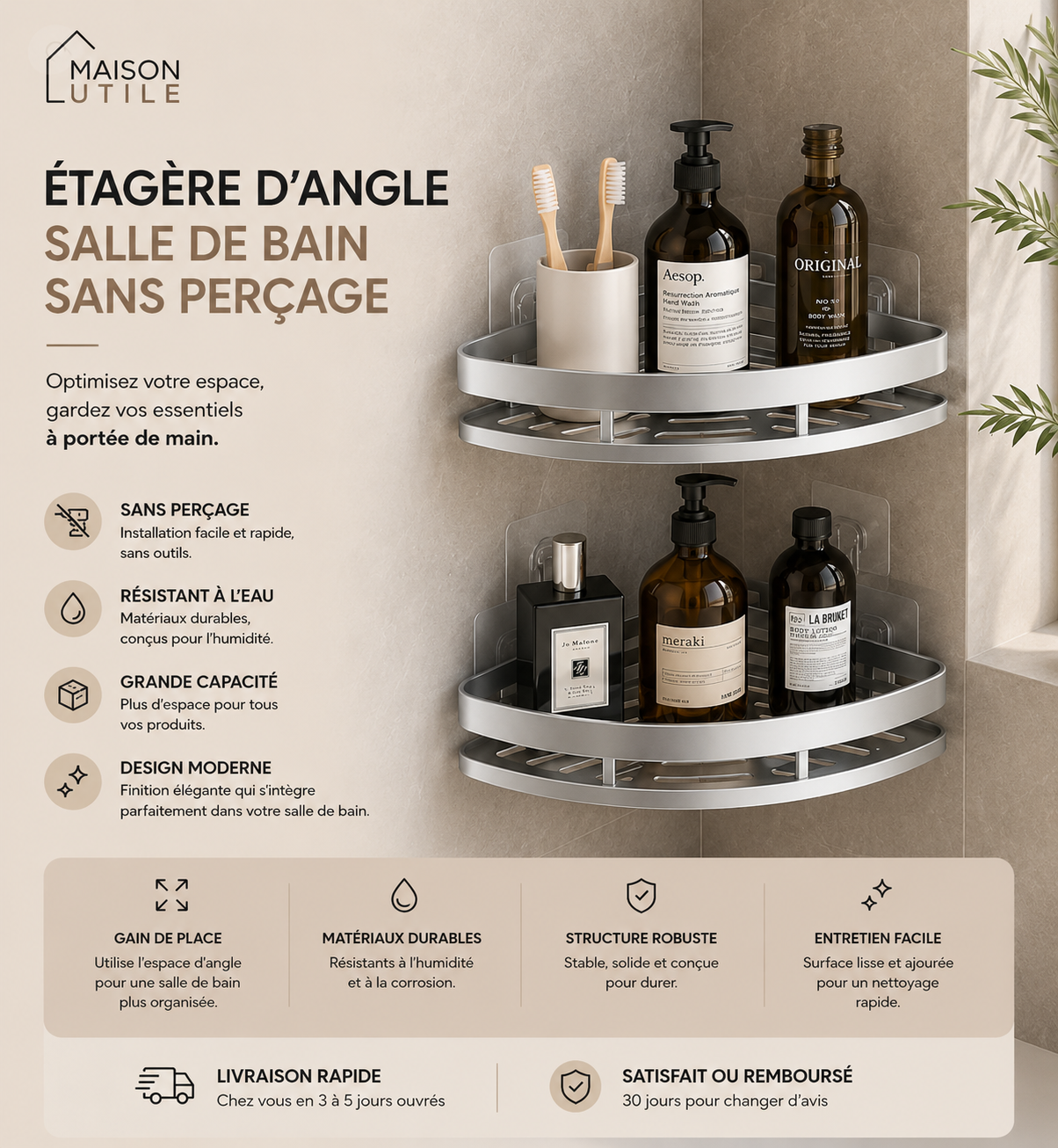 Étagère d’Angle Salle de Bain Sans Perçage