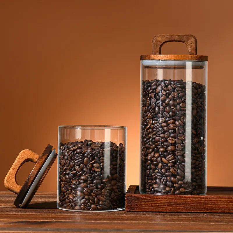 Pot de Conservation en Verre avec Couvercle en Bois – Rangement Élégant pour Cuisine