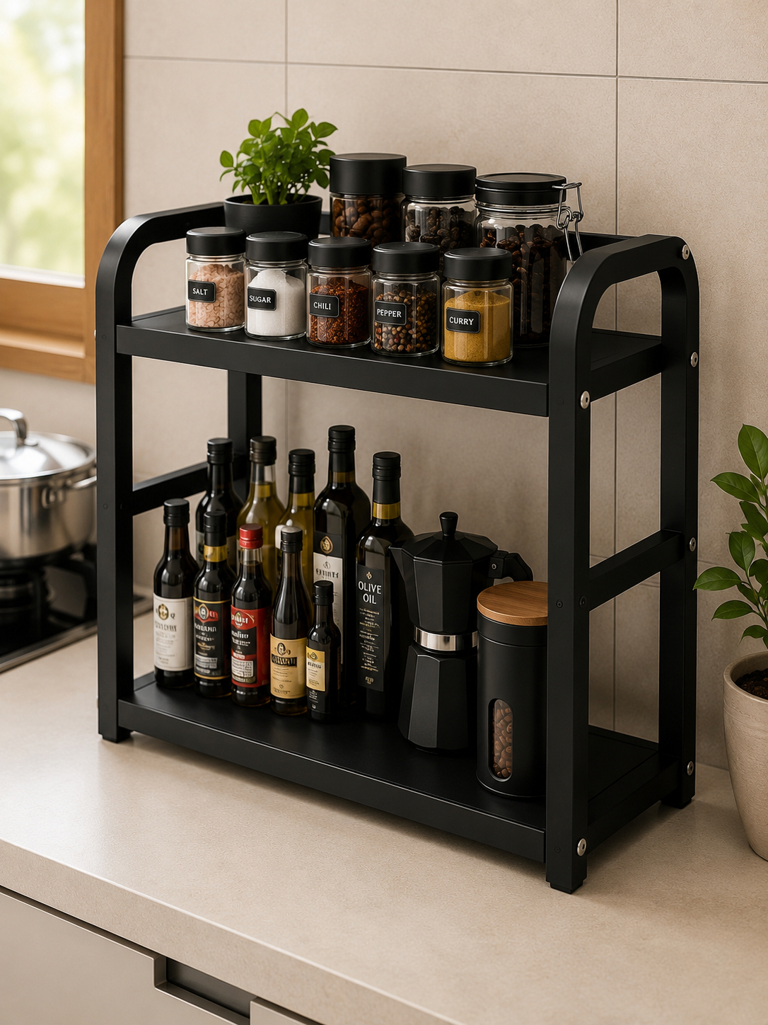 Étagère de Comptoir 2 Niveaux – Organisateur de Cuisine Bois & Métal