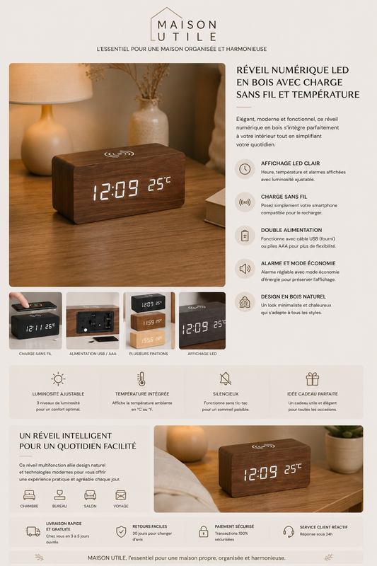 Réveil LED en Bois avec Charge Sans Fil & Température