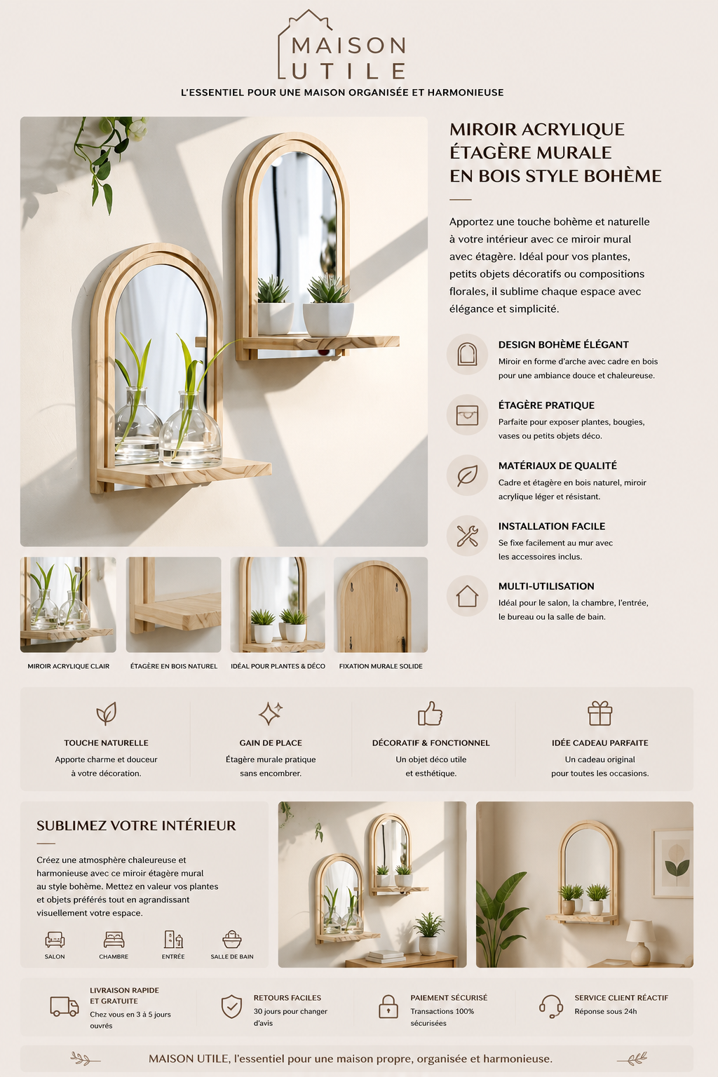 Miroir Mural Arche avec Étagère en Bois Bohème