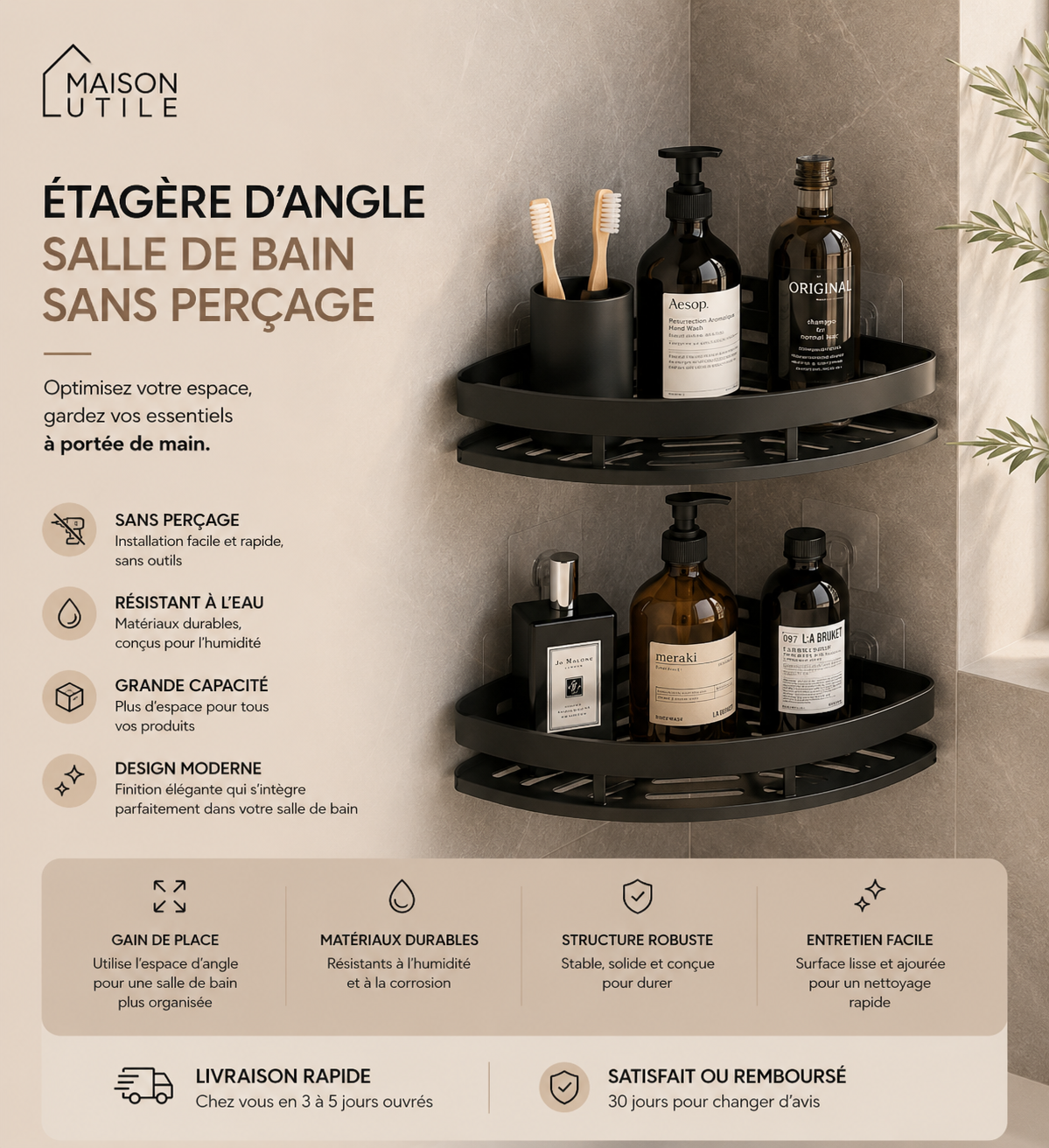 Étagère d’Angle Salle de Bain Sans Perçage
