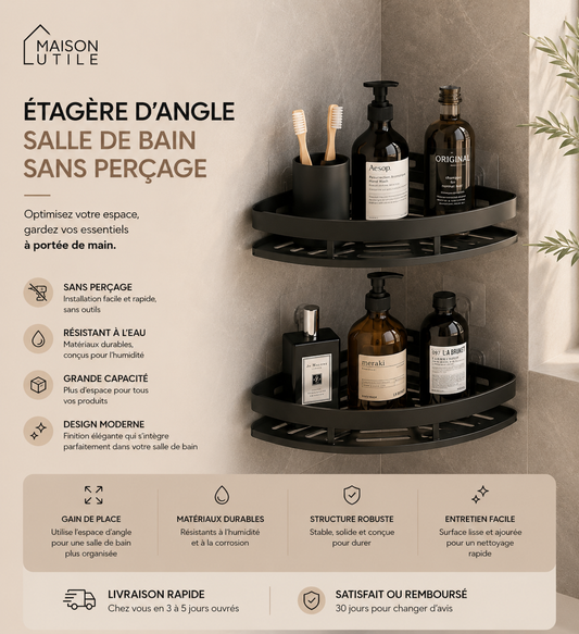 Étagère d’Angle Salle de Bain Sans Perçage