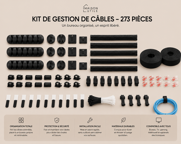Kit Organisateur de Câbles pour Bureau | Rangement de Câbles