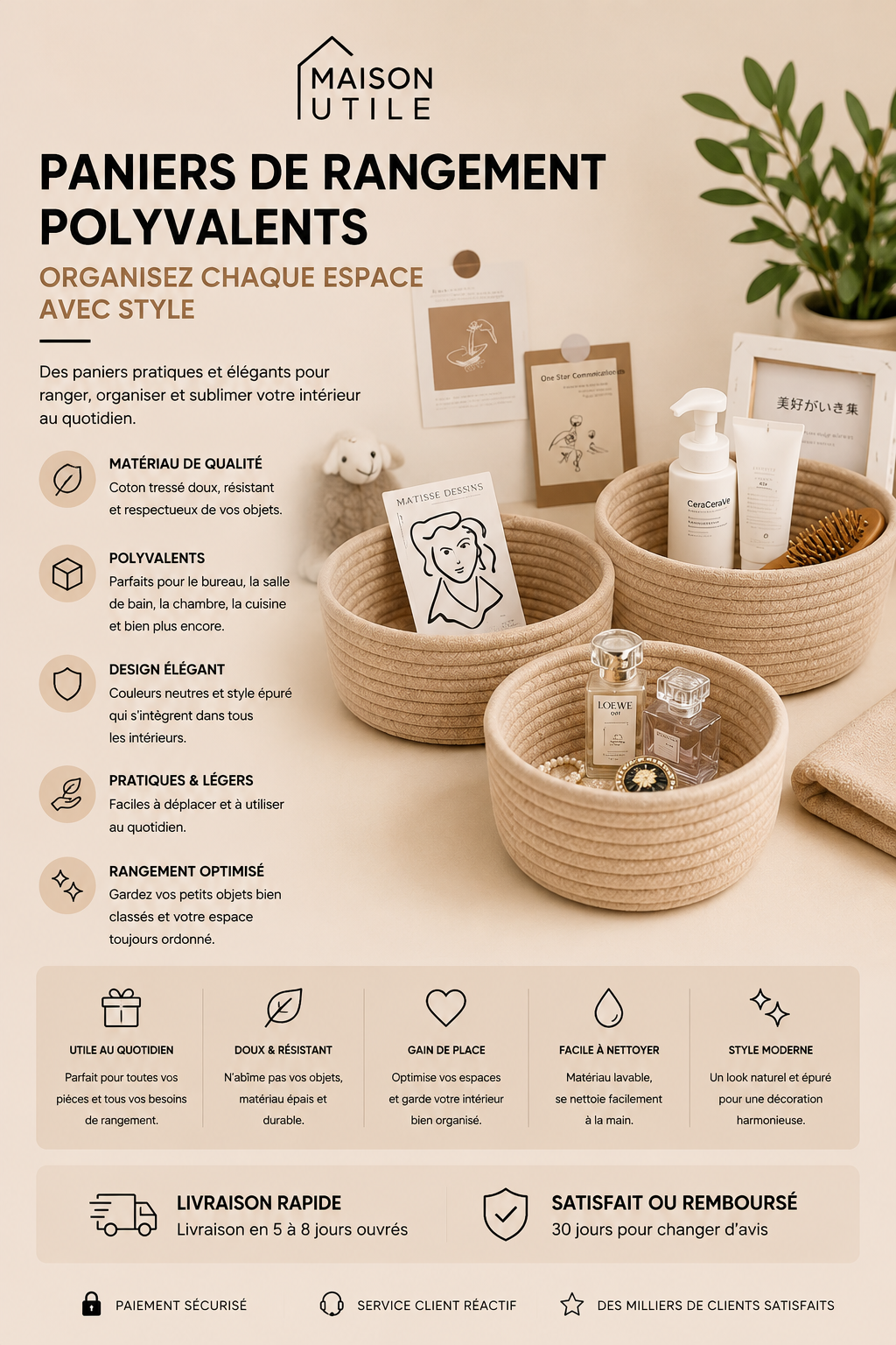 Lot de 3 Panier de Rangement