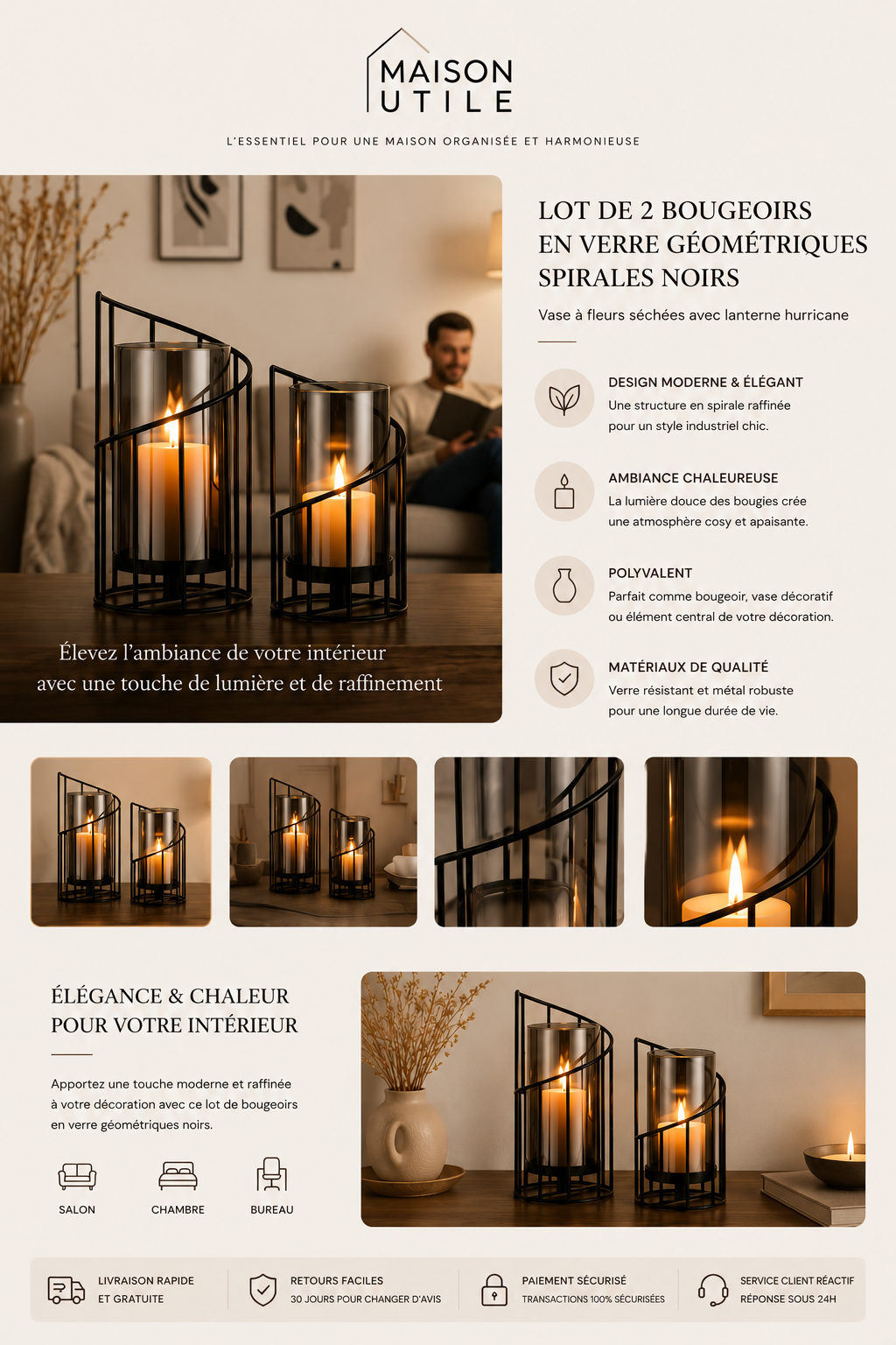 Lot de Bougeoirs Aesthetic en Verre & Métal Noir