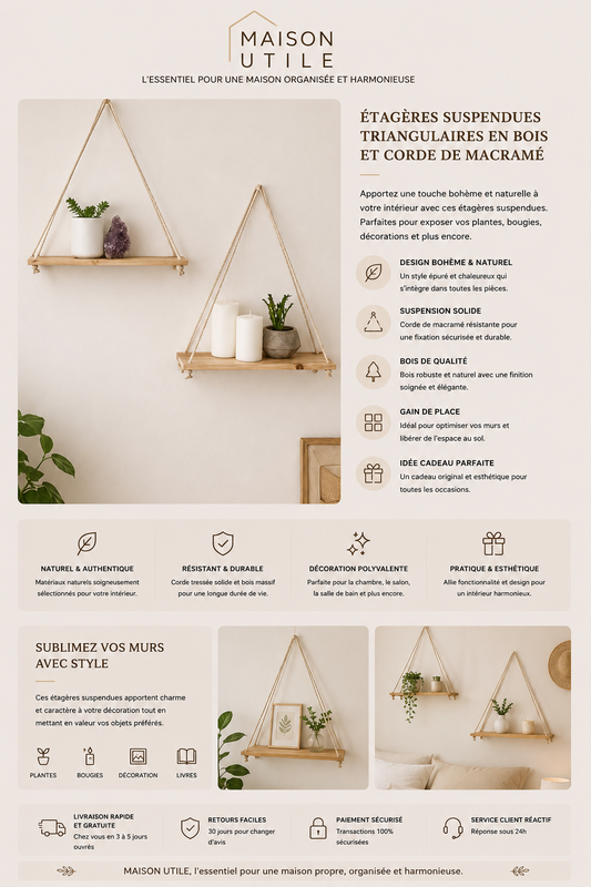 Étagère Murale Suspendue Aesthetic en Bois & Corde