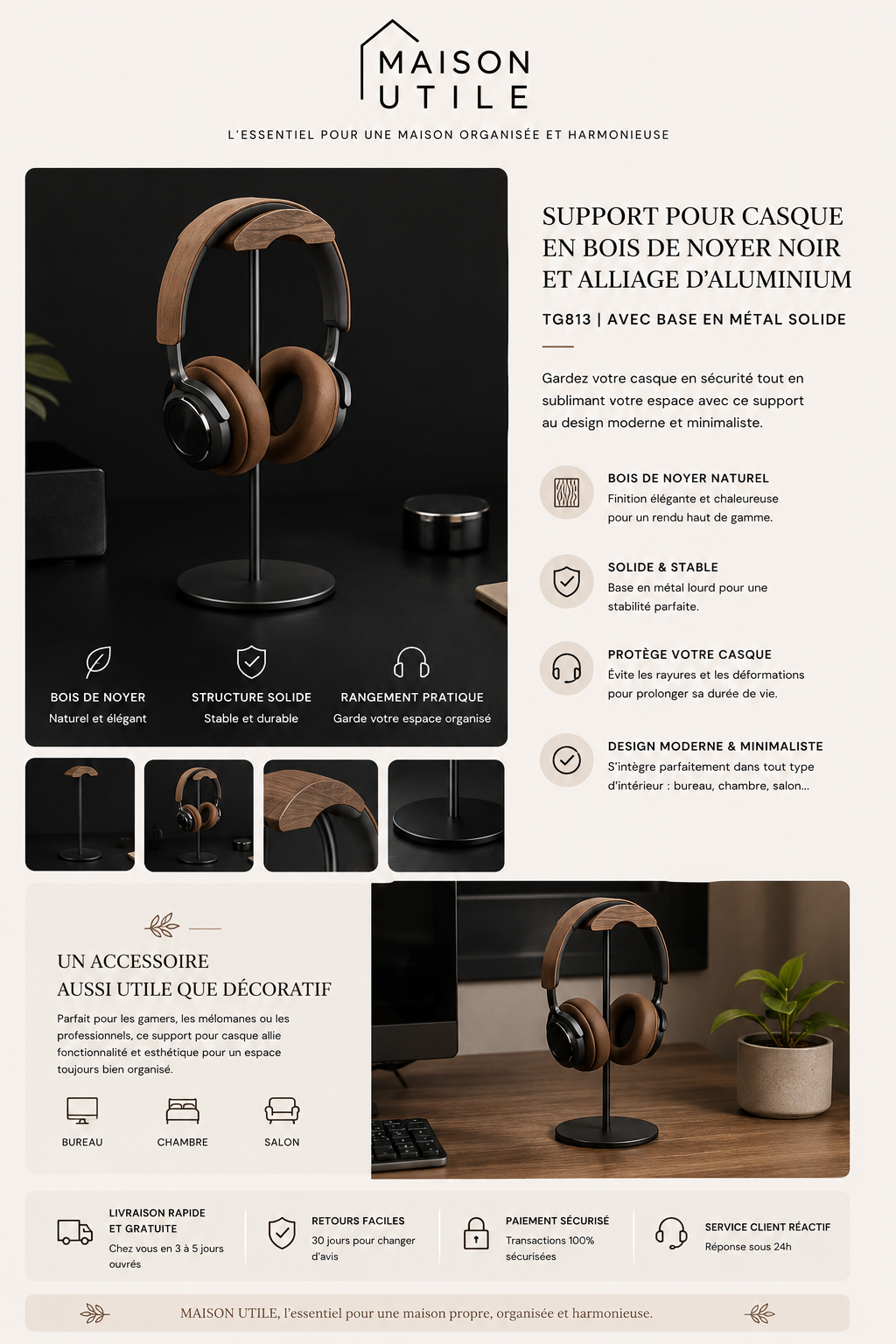 Support Casque en Bois Premium | Setup Bureau Aesthetic