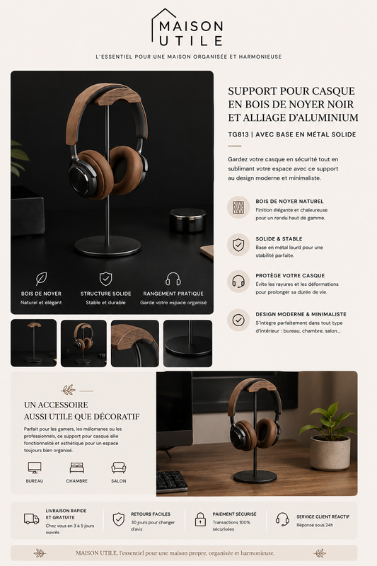 Support Casque en Bois Premium | Setup Bureau Aesthetic
