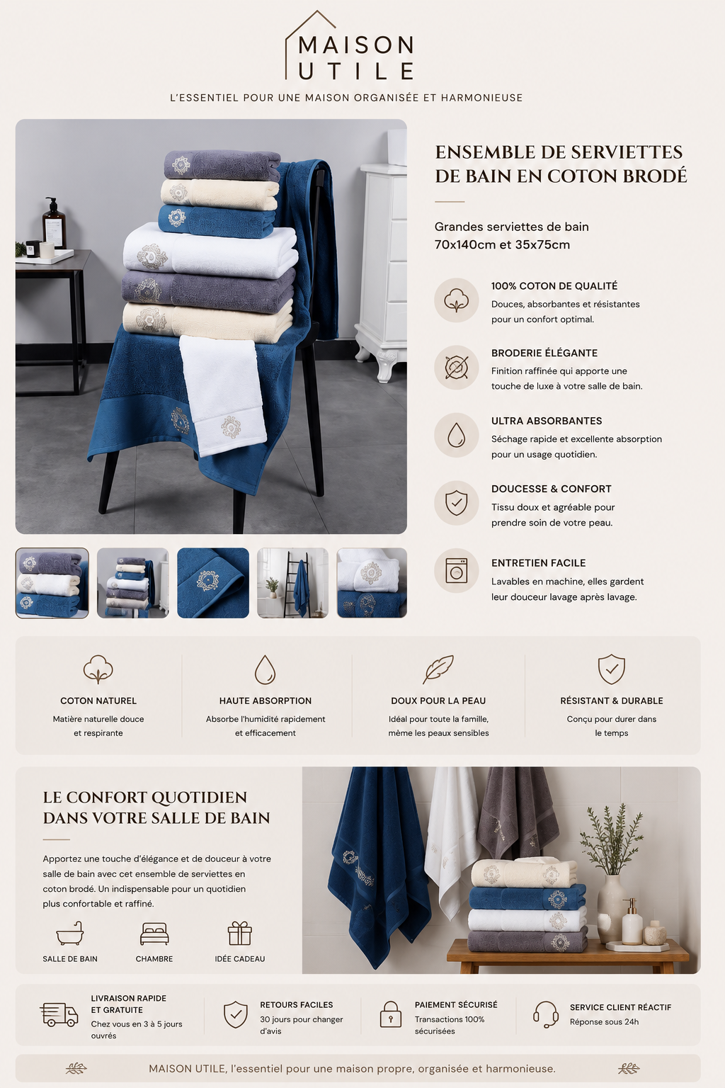 Serviette en Coton Brodée Premium | Ambiance Spa & Élégance