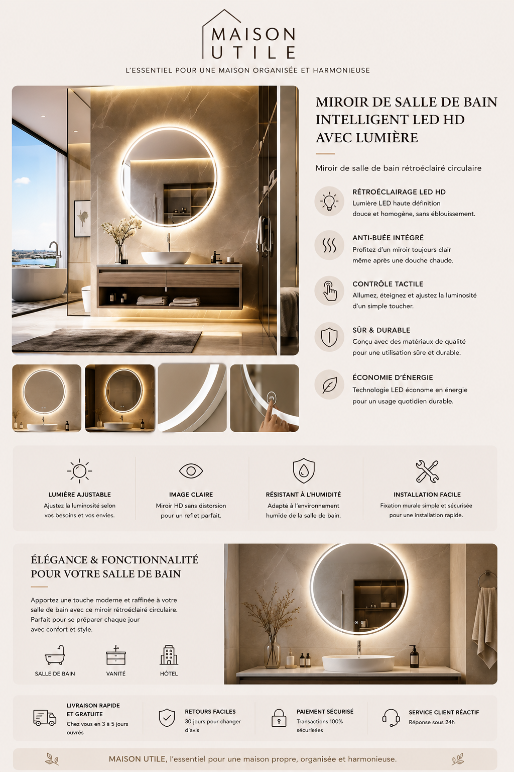 Miroir LED Salle de Bain Premium | Ambiance Spa & Moderne