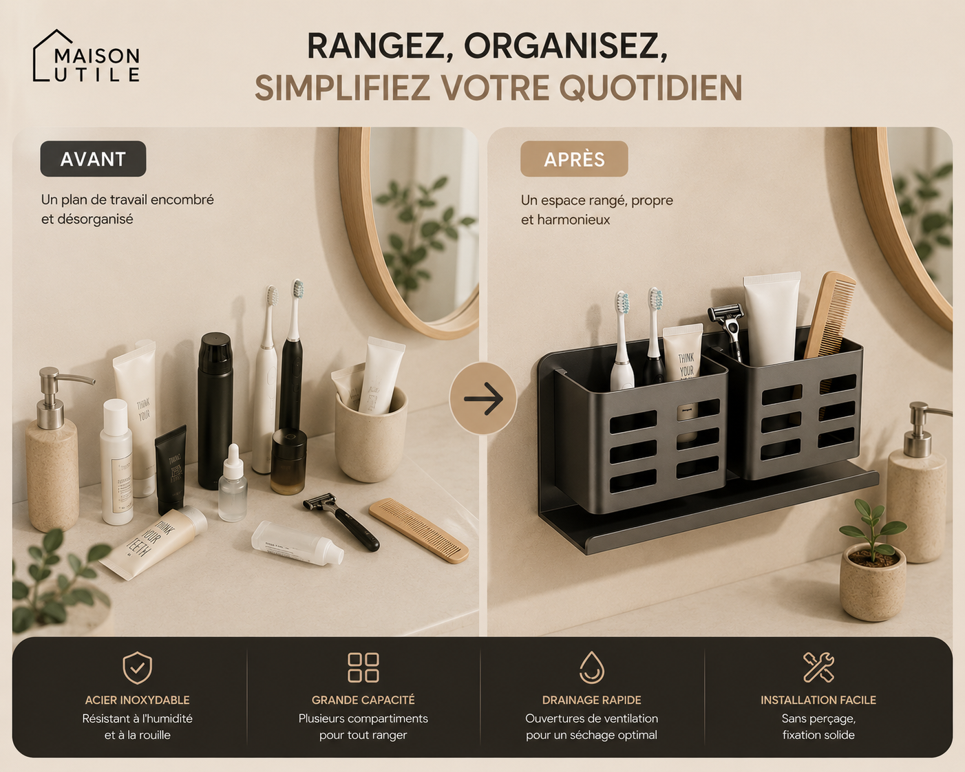 Support de Rangement Salle de Bain Sans Perçage
