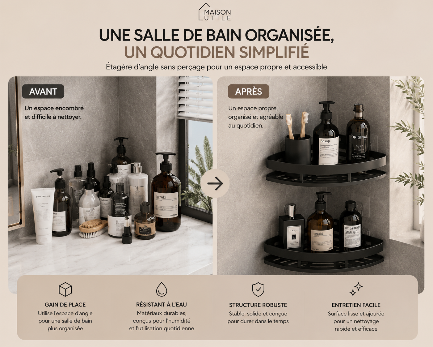 Étagère d’Angle Salle de Bain Sans Perçage