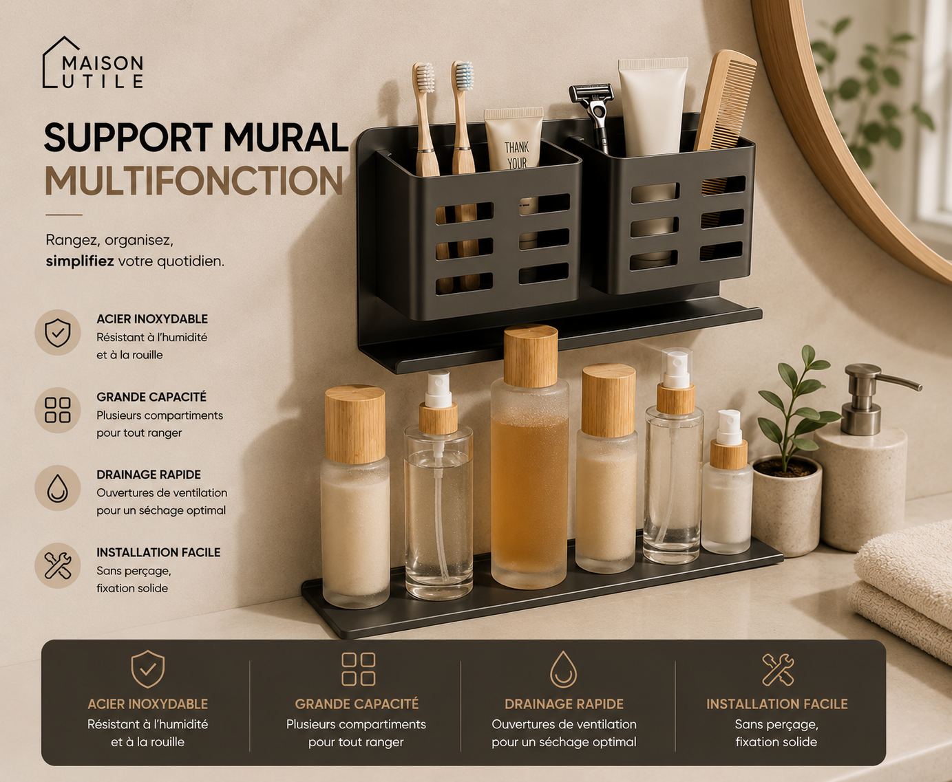 Support de Rangement Salle de Bain Sans Perçage