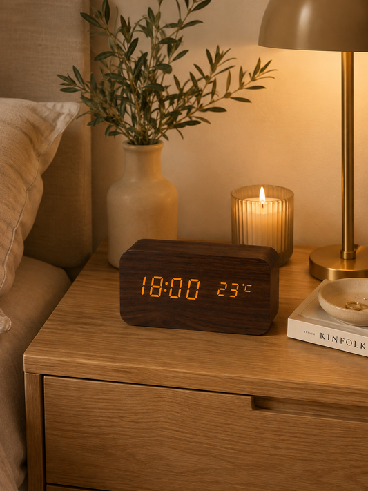 Réveil LED en Bois avec Charge Sans Fil & Température