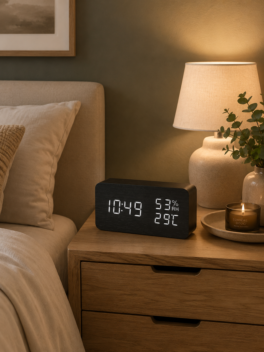Réveil LED en Bois avec Charge Sans Fil & Température