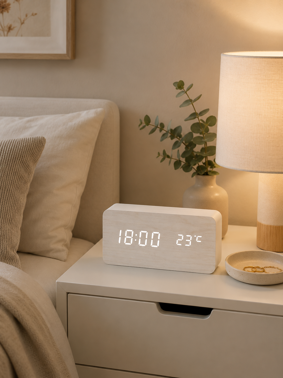 Réveil LED en Bois avec Charge Sans Fil & Température