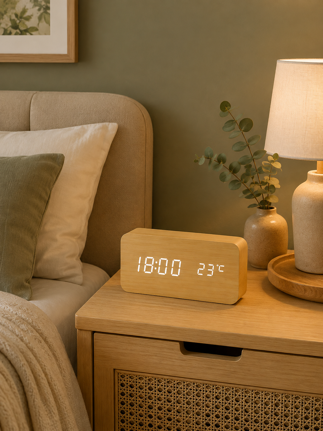 Réveil LED en Bois avec Charge Sans Fil & Température