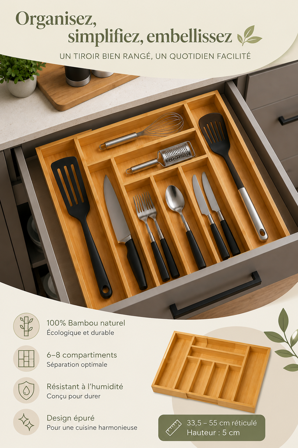 Organisateur de Tiroir Extensible – Range-Couverts Ajustable