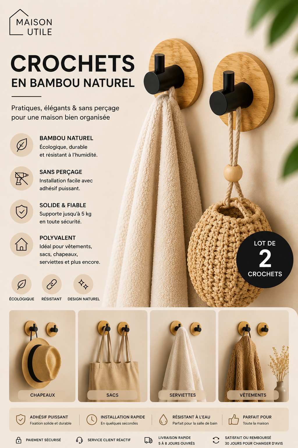 Crochets en Bambou naturel