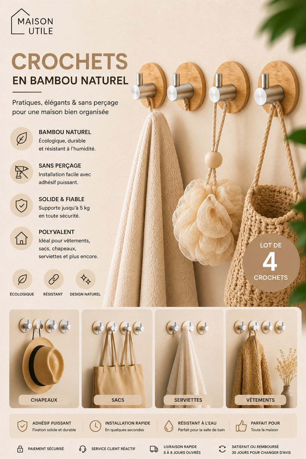 Crochets en Bambou naturel