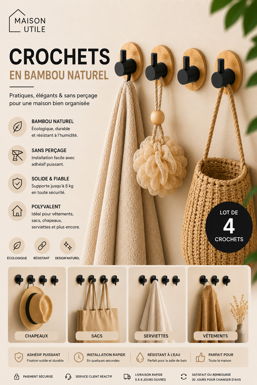 Crochets en Bambou naturel
