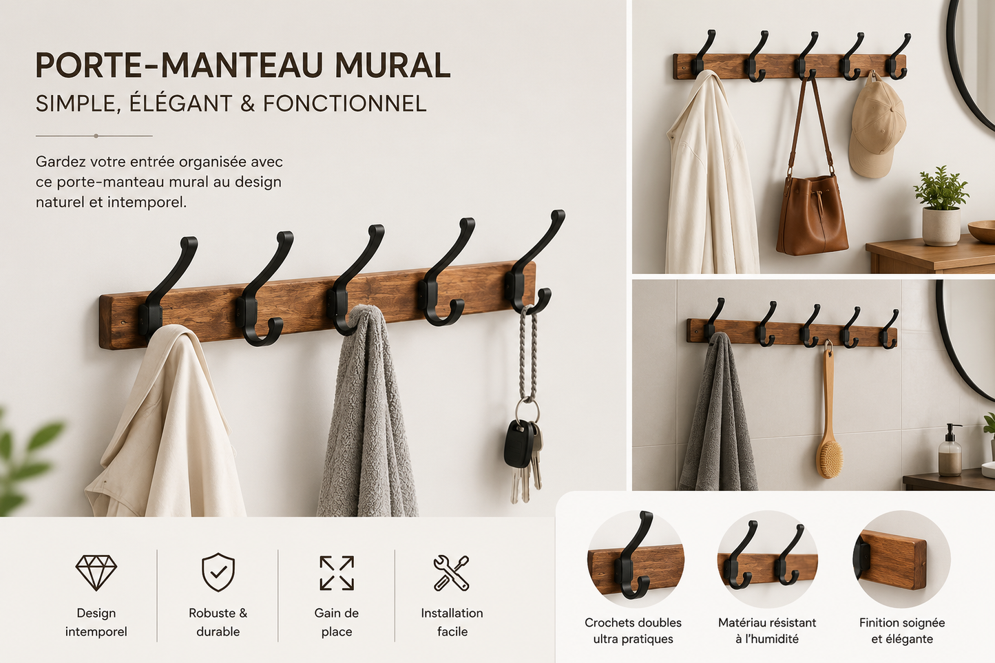 Porte-Manteau Mural Design | Élégance & Rangement