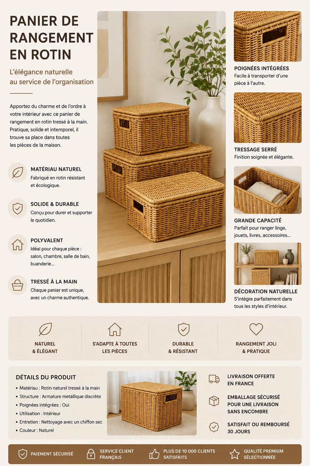 Panier de Rangement en Rotin avec Couvercle – Élégance & Organisation