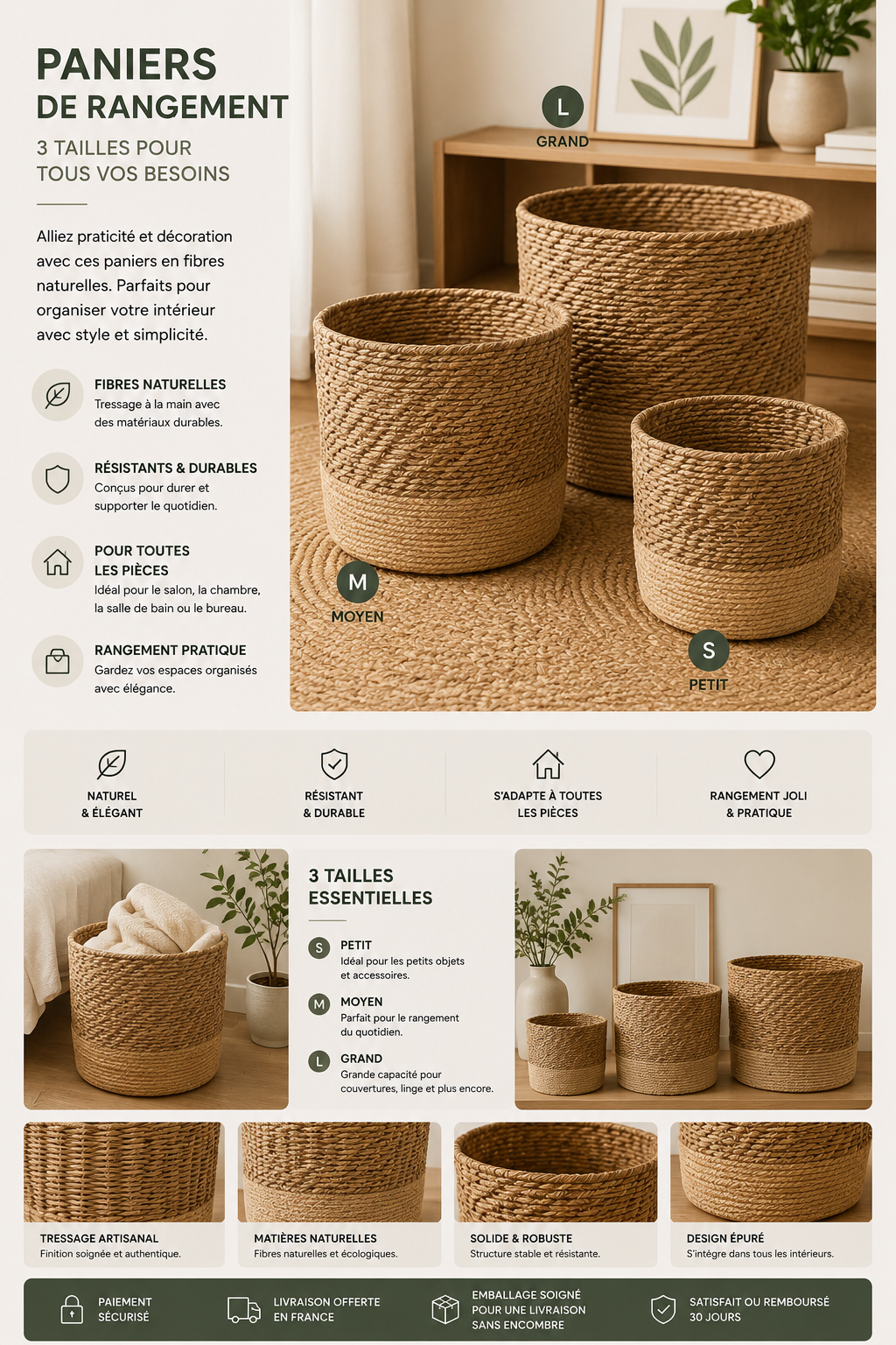 Panier Tressé Naturel S, M & L | Maison Utile