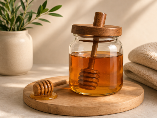 Pot à Miel en Verre avec Cuillère | Couvercle Bambou
