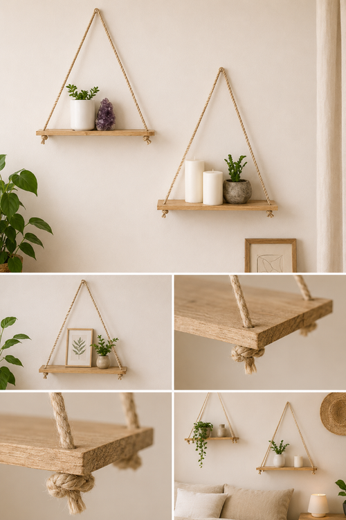 Étagère Murale Suspendue en Bois & Corde | Déco Bohème Aesthetic