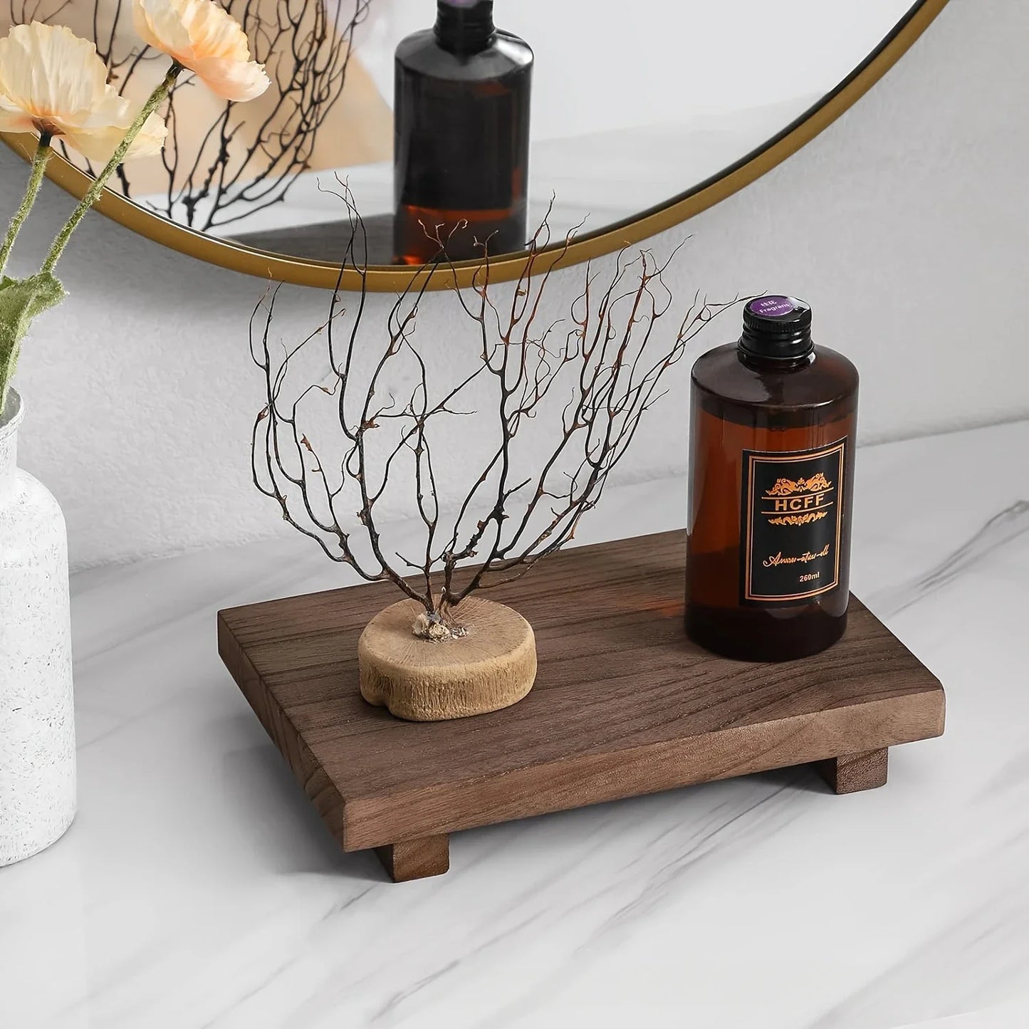 Plateau Décoratif en Bois Minimaliste | Support Élégant Salle de Bain & Maison
