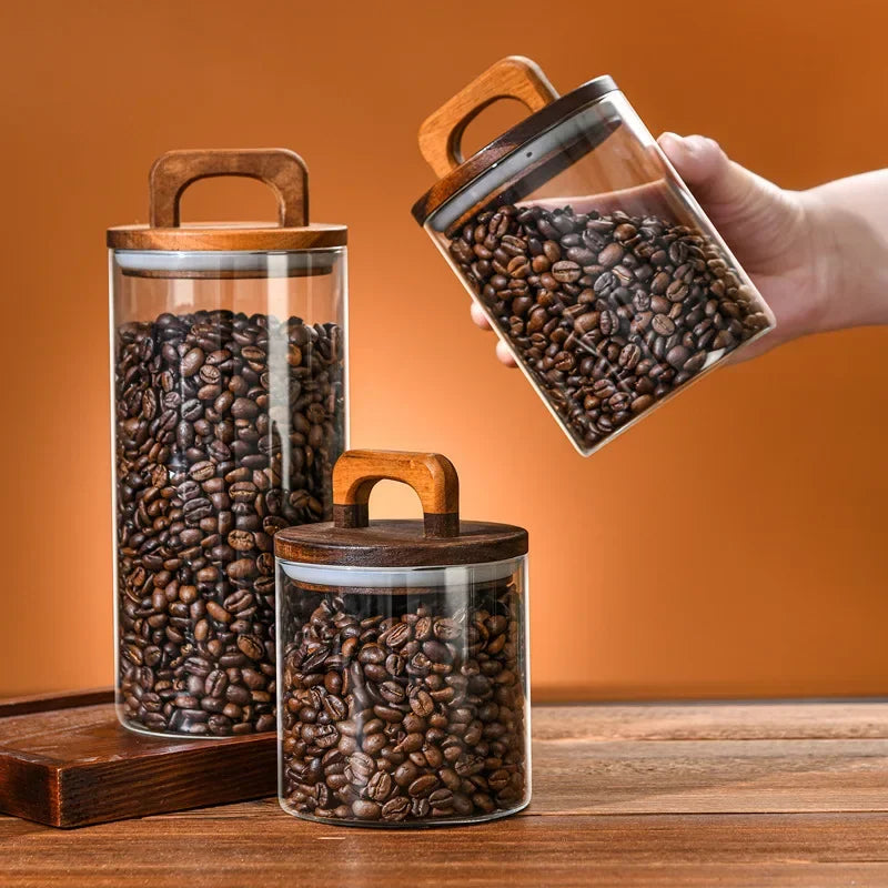 Pot de Conservation en Verre avec Couvercle en Bois – Rangement Élégant pour Cuisine