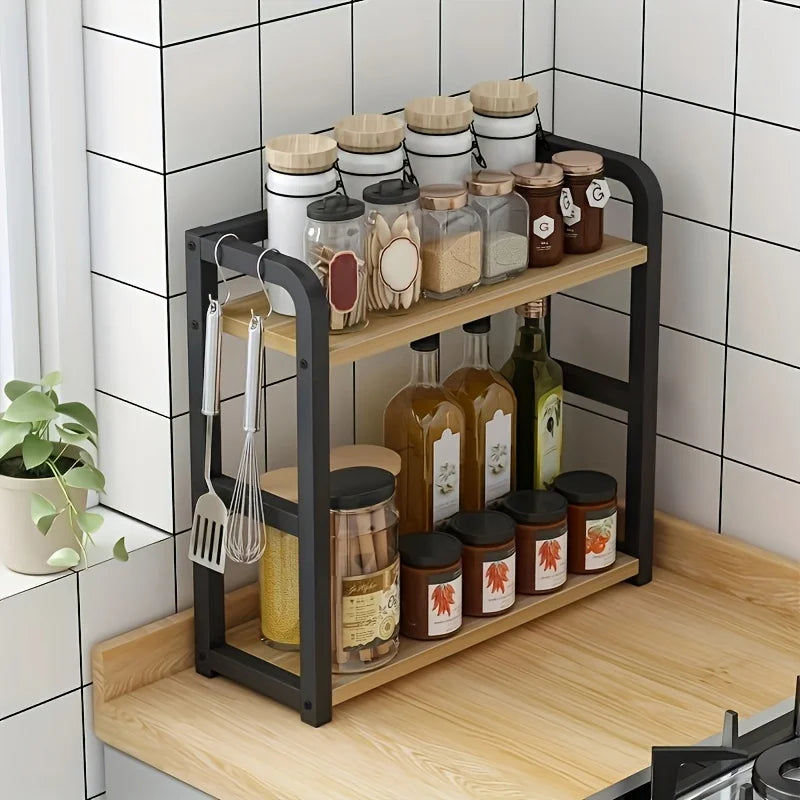 Étagère de Comptoir 2 Niveaux – Organisateur de Cuisine Bois & Métal