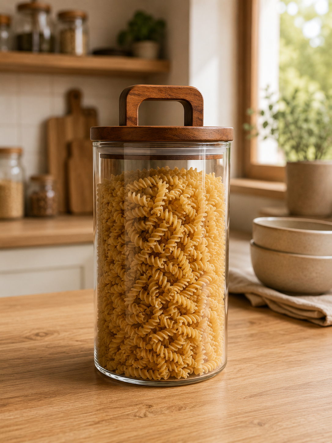 Pot de Conservation en Verre avec Couvercle en Bois – Rangement Élégant pour Cuisine