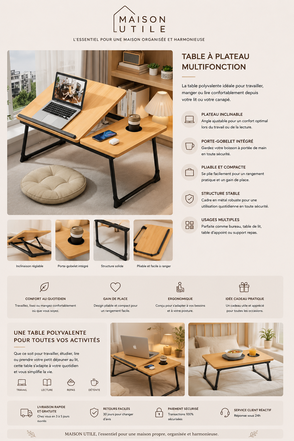 Table de Lit Multifonction Bambou