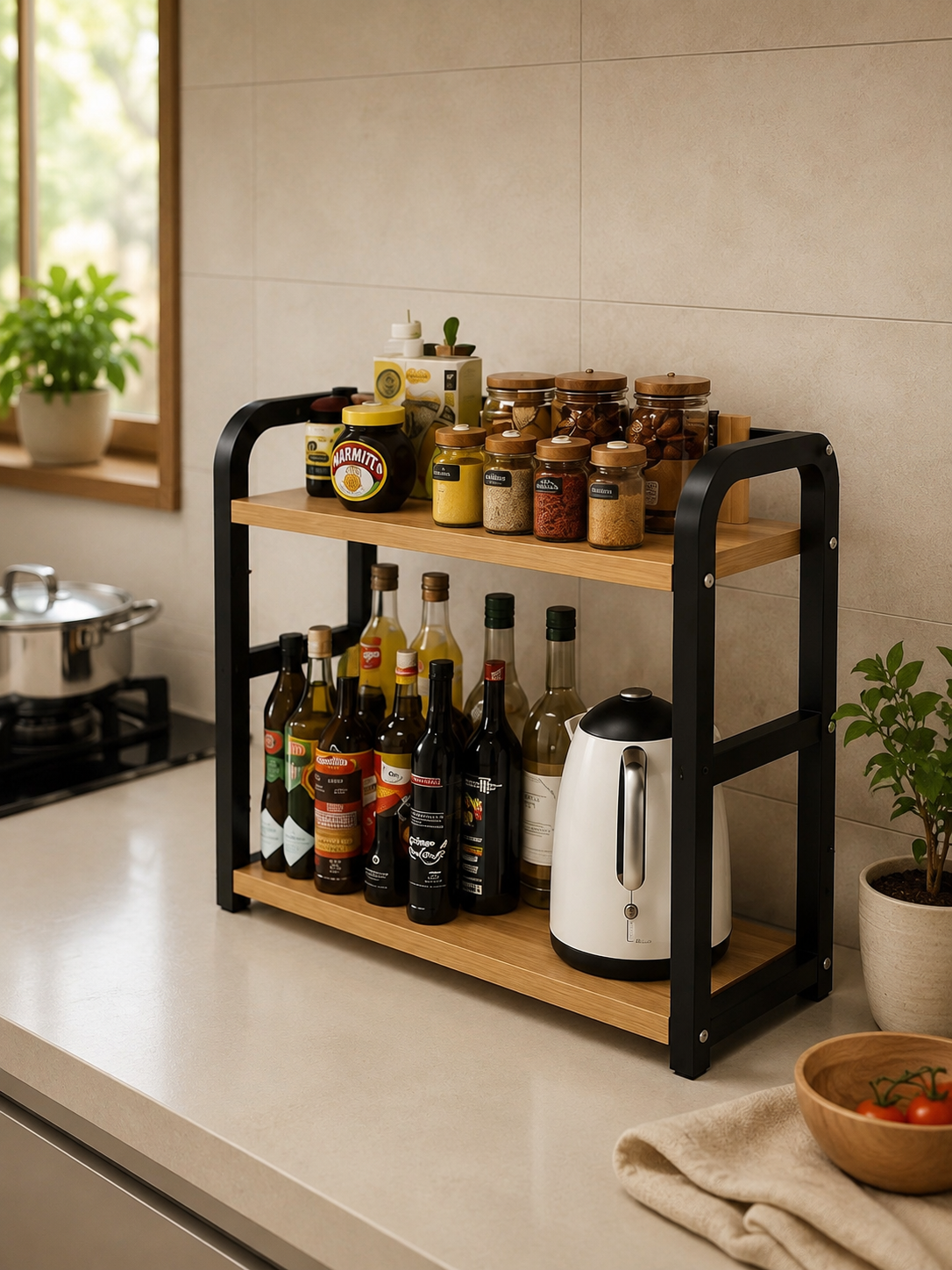 Étagère de Comptoir 2 Niveaux – Organisateur de Cuisine Bois & Métal