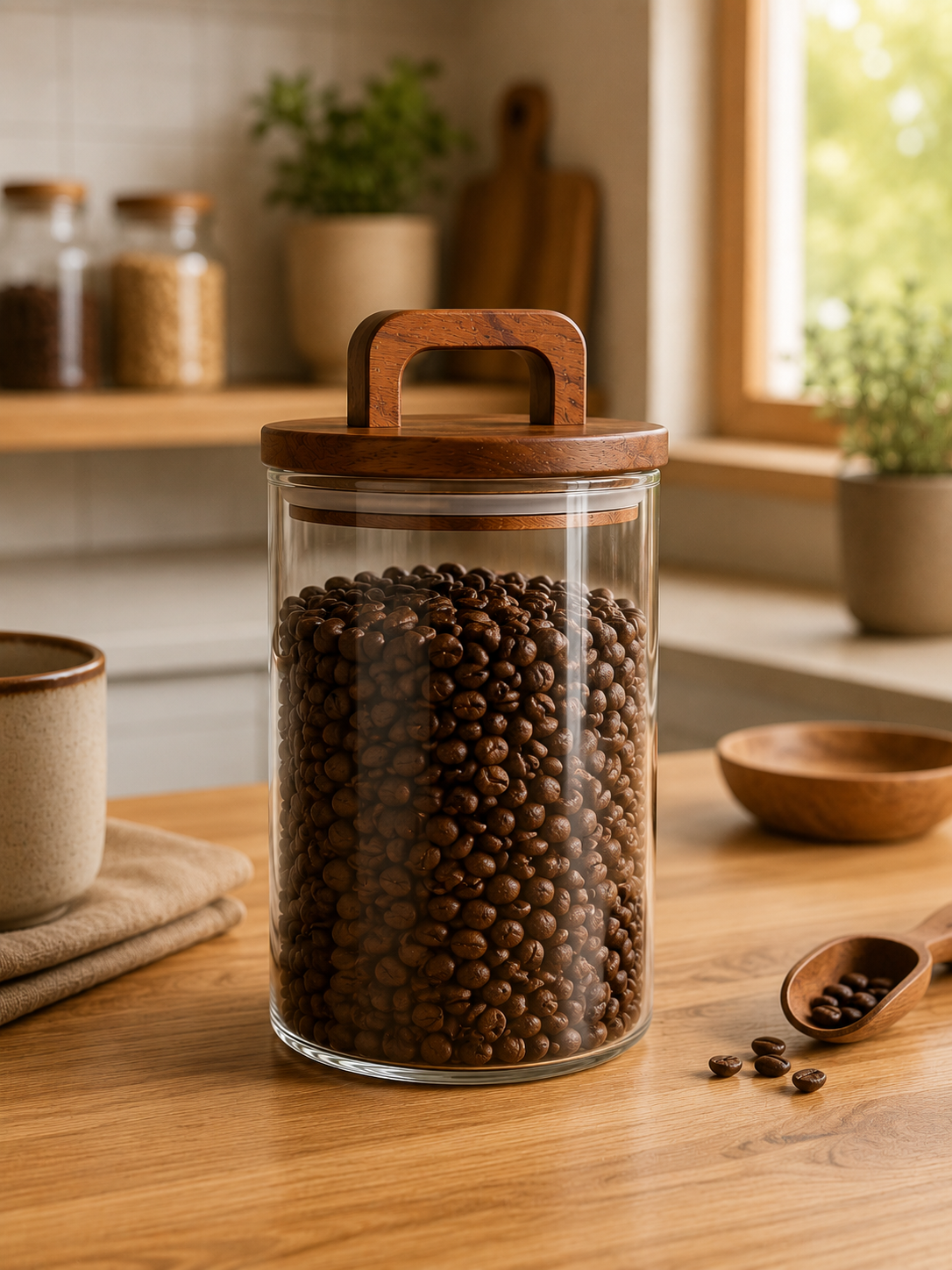 Pot de Conservation en Verre avec Couvercle en Bois – Rangement Élégant pour Cuisine