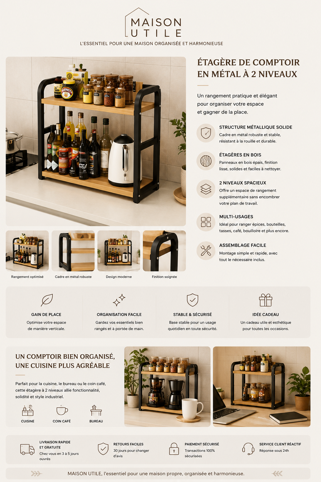 Étagère de Comptoir 2 Niveaux – Organisateur de Cuisine Bois & Métal