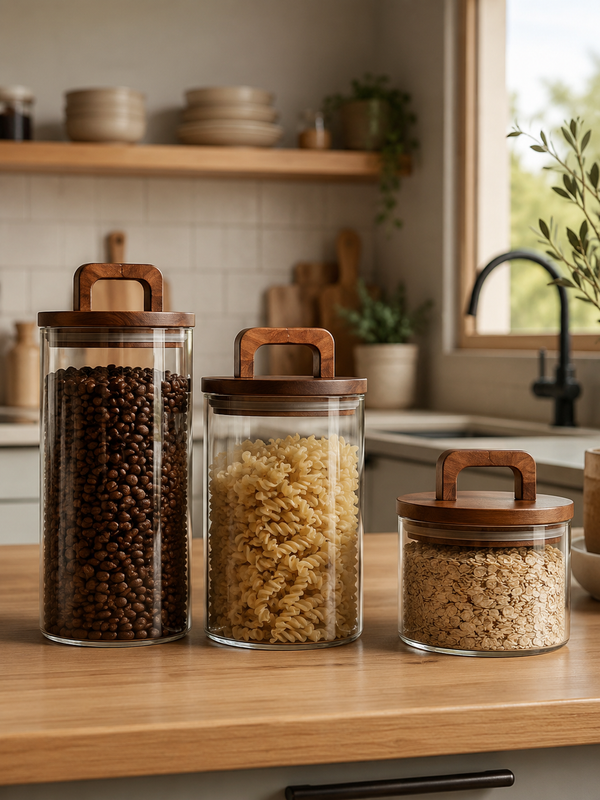 Pot de Conservation en Verre avec Couvercle en Bois – Rangement Élégant pour Cuisine