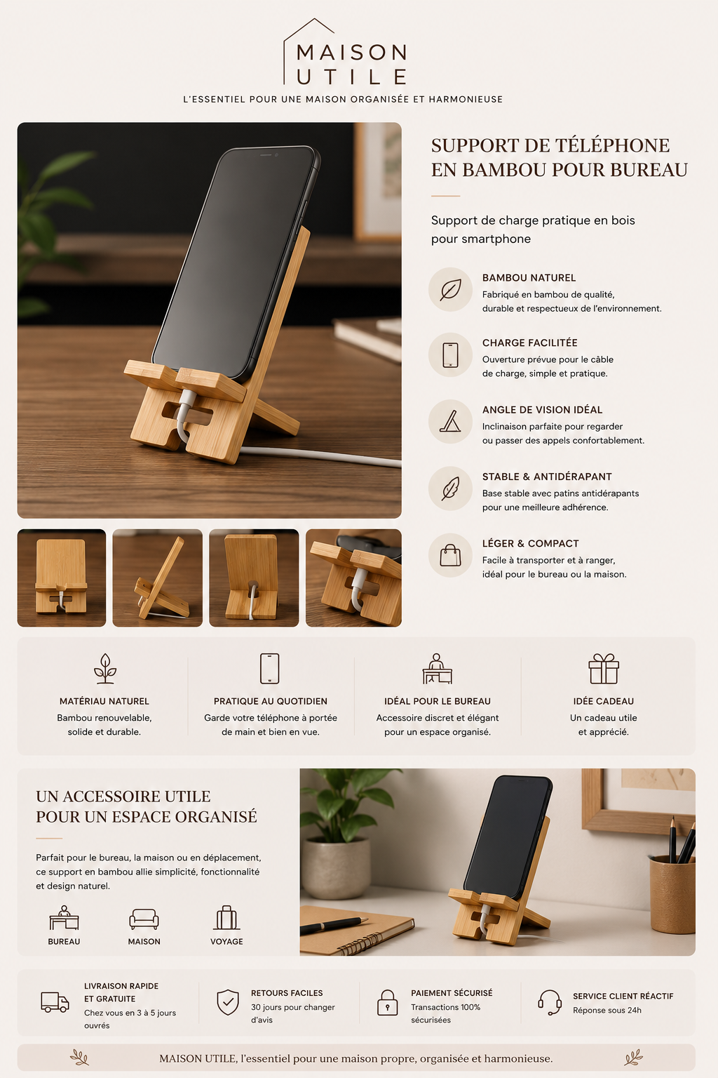 Support Téléphone en Bambou Naturel