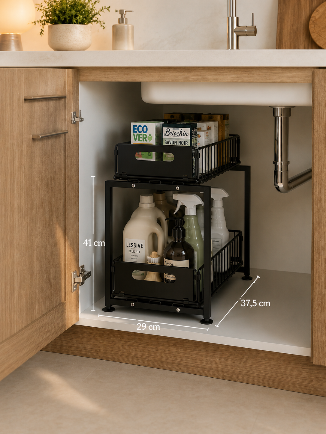 Rangement Coulissant Sous Évier – Gain de Place & Organisation